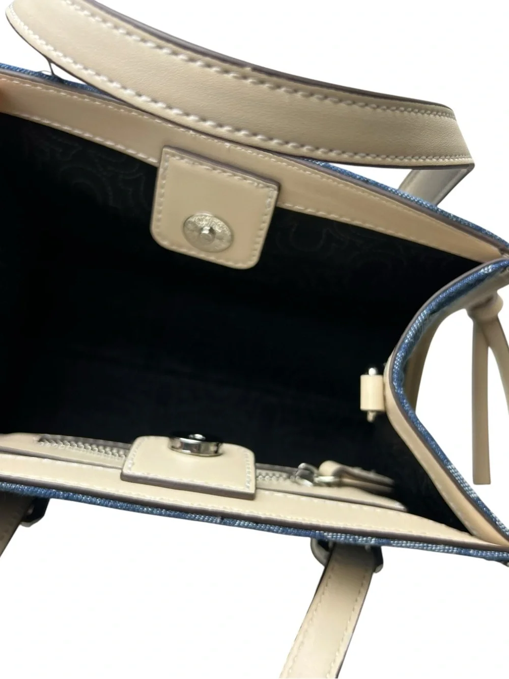 True Religion Blue Floral Denim Tote Purse Shoulder Bag with Cream Trim